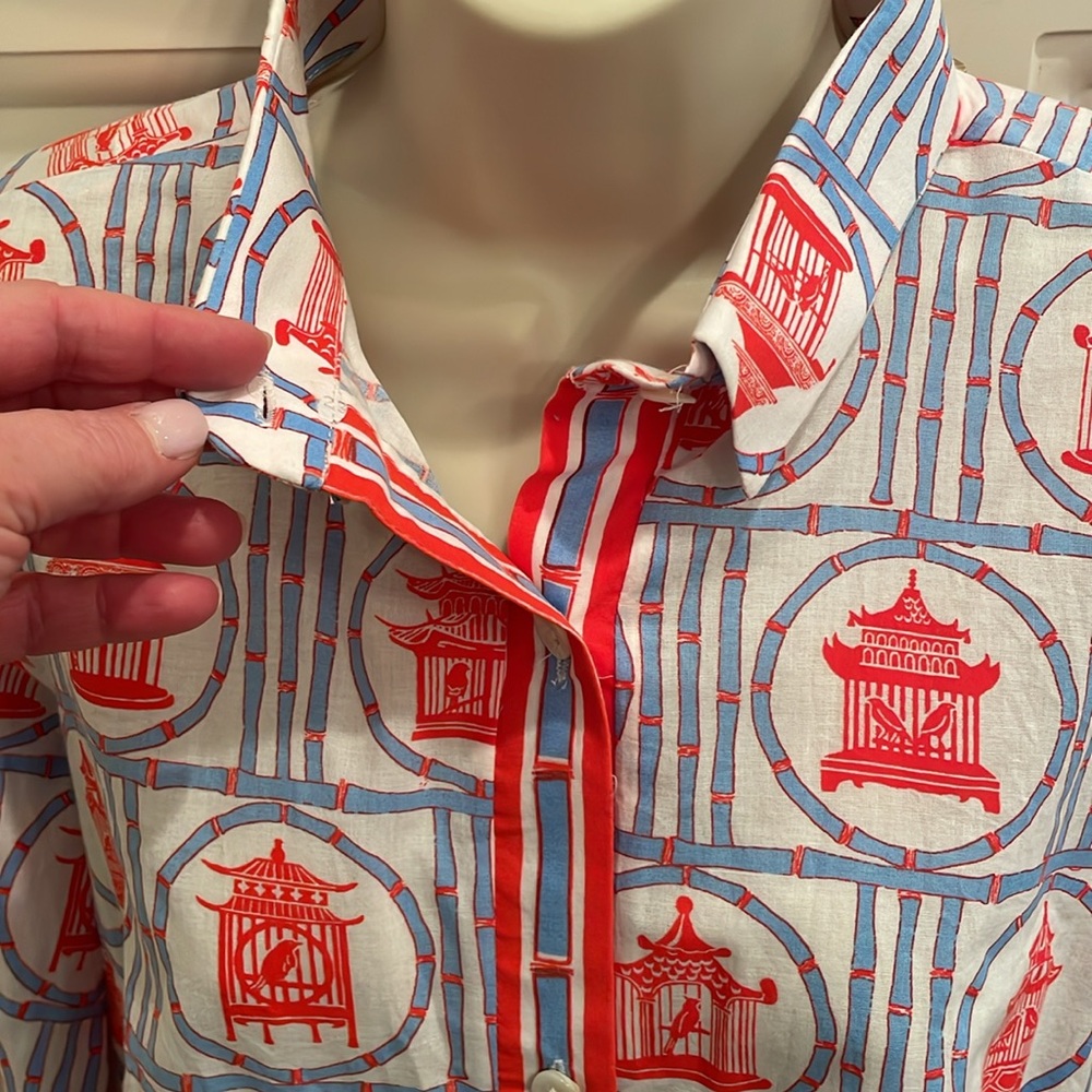 Gretchen Scott NEW boyfriend shirt in caged bird print sz M - Picture 3 of 8